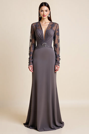 Grey Long Sleeves Mother of the Bride Dress with Appliques